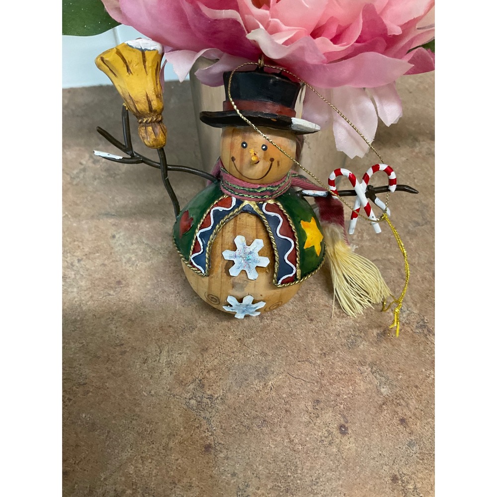 Rustic Wood Snowman Ornament Folk Art Christmas Decor With Broom Candy Cane 4.5"